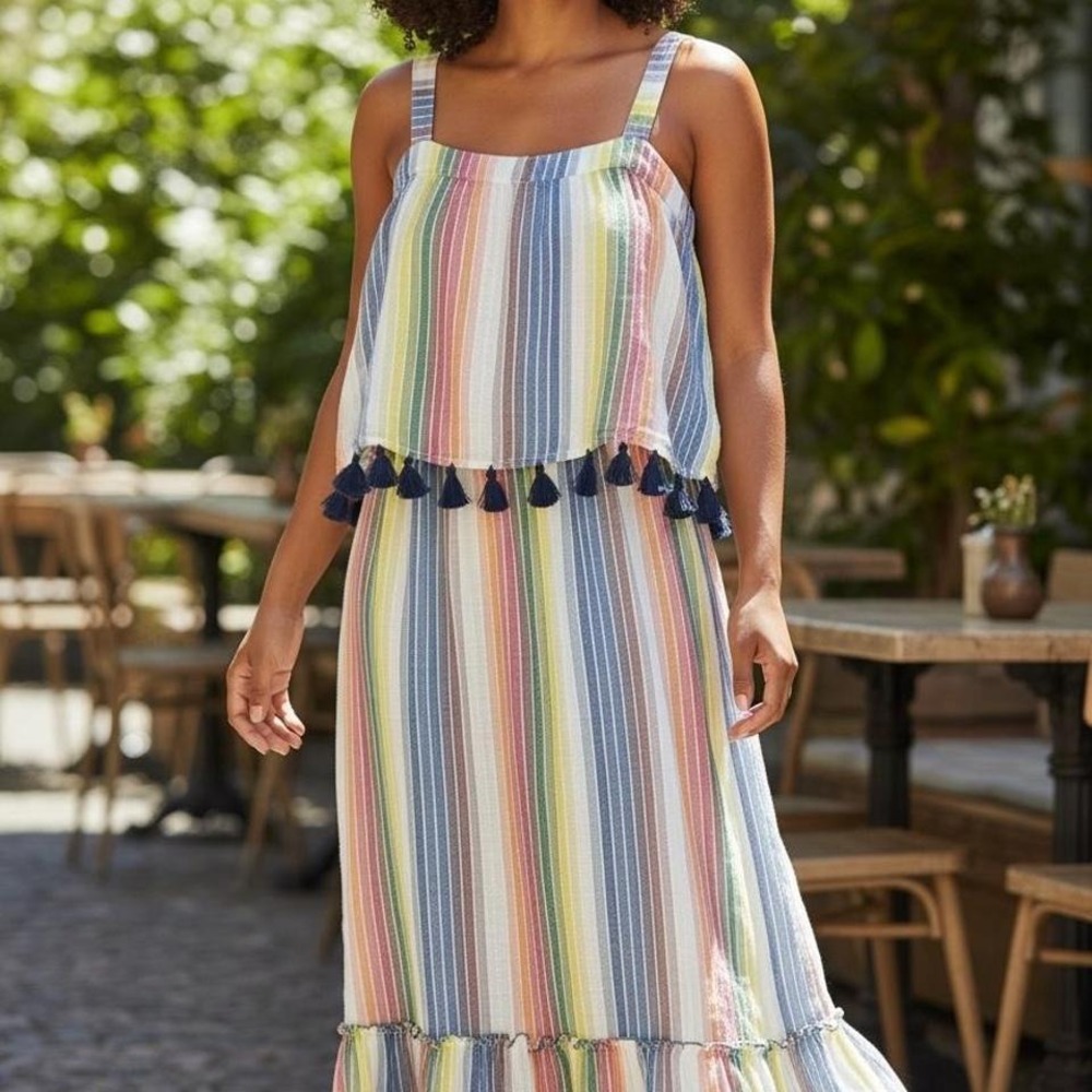 THML multicoloured maxi dress Rainbow Stripe Tassel Maxi Dress Sz L 100% Cotton